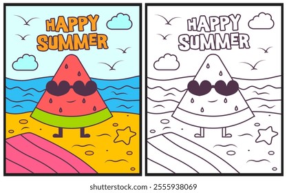 Happy summer coloring page vector illustration