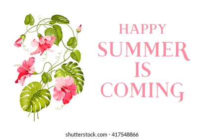 Happy summer is coming. Tropical flower garland isolated over white background. Vector illustration.