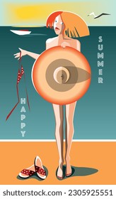 'happy summer' concept illustration with a young funny red haired girl on the beach with a big summer hat, summer shoes, swimsuit.