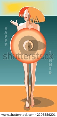 'happy summer' concept illustration with a young funny red haired girl on the beach with a big summer hat.