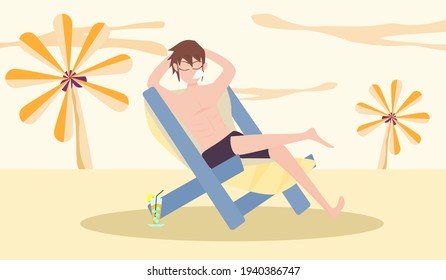 happy summer Concept. A man lying on a chair on the beach by the sea on a happy vacation.  Vector illustration for summer, sea activities, beach, vacation, lifestyle, relaxation. Happy people holiday