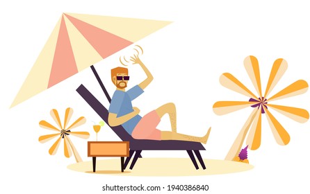 happy summer Concept. A man lying on a chair on the beach by the sea on a happy vacation.  Vector illustration for summer, sea activities, beach, vacation, lifestyle, relaxation. Happy people holiday