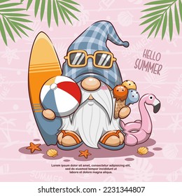 Happy Summer With Cute Gnome, Surfboard, Ball, Ice Cream, And Flamingo Float. Cartoon Illustration