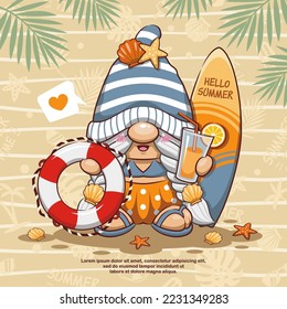 Happy Summer With Cute Gnome, Surfboard, Orange Juice, And Lifebuoy. Cartoon Illustration