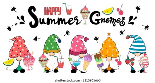 Happy summer with cute gnomes and ice cream. Designed in doodle style, it can be used in a variety of applications such as cards, stickers, t-shirts, pillow patterns, Summer decorations and more