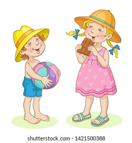 Happy summer. Cute little girl with chocolate and funny boy with a big ball. In cartoon style. Isolated on white background. Vector illustration.