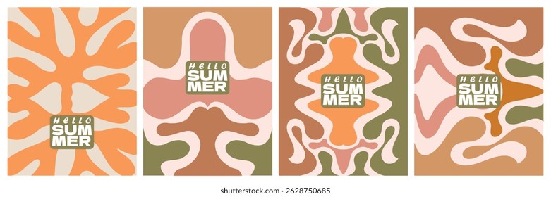 Happy summer day greeting cards set plants, leaves, flowers art. Abstract shape style template poster, banner, covers, ads, branding, labels, background