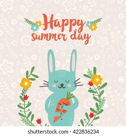 Happy summer day. Lovely card in bright colors. Funny bunny with carrot in floral wreath. Perfect for invitations and greeting cards