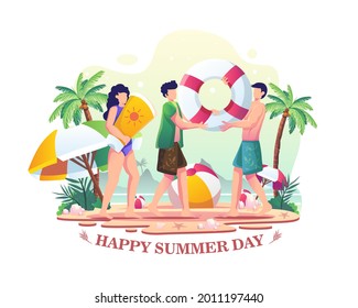 Happy Summer Day. People enjoying summer on the beach. Flat vector illustration