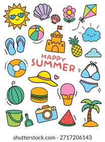 Frohe Sommer Doodle Element Vektor. Handgezeichnete Sommerstrand und Ferienelemente Sammlung von Sonne, Sonnenbrille, Muschel, Blume Drachen, Flip Flops, Beachball, Sandburg, Ananas, Wolke, Rettungsring, Sonnenhut, Bikini, Wassermelone, Burger, Eis, Kamera, Eimer, Schaufel, Palme, Insel