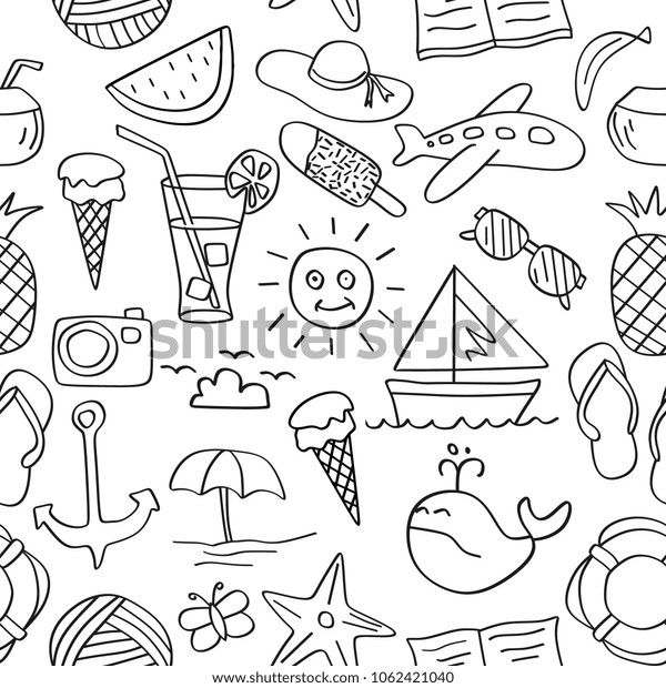 Happy Summer Doodle Seamless Black White Stock Vector (Royalty Free ...
