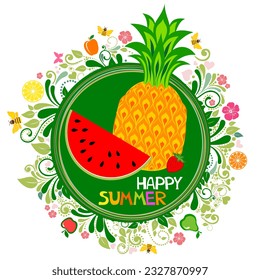 Happy Summer. Emblems logo and labels for fresh  juice. Sticker and emblem. Summer Sale banner. Eco food organic cafe menu design. Summertime concept. Vector illustration background banner.