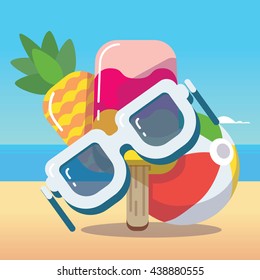 happy summer flat illustration with pineapple, ice cream, sunglasses, and beach ball in vector 