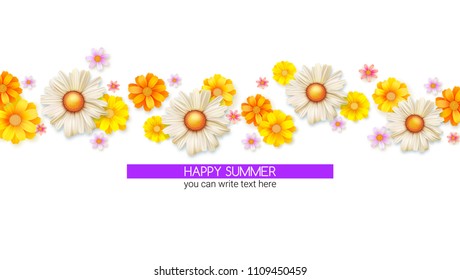 Happy summer, floral abstract pattern with bud of spring flowers. Set of wildflowers isolated on white. Daisies, chrysanthemums, template for cover, wedding invitations, posters, ad banner