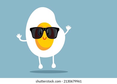 
Happy Summer Fried Egg Wearing Sunglasses Vector Cartoon. Cheerful breakfast food celebrating spring vacation time

