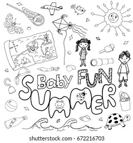 Happy Summer Fun Hand Drawn Set. Drawing Cute Kids, Toys, Animals, Pirate Game. Calligraphy Text with Sketch Icons of Holiday. Handdrawn Collection: Doodle Elements and Symbols. Vector Illustrations.
