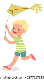 Happy summer game. Kid running with flying kite