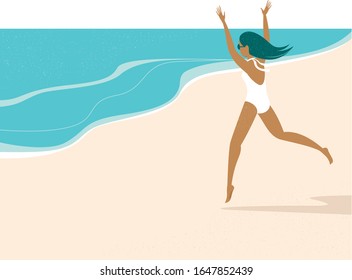 Happy summer girl running to the sea