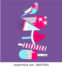 Happy Summer Greeting Card Ice Cream Collection and bird