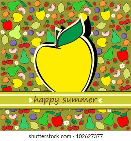 Happy Summer Greeting Card on healthy diet fruits Background