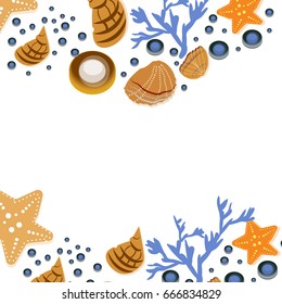 Happy summer greeting card with seashells on white background. Square frame from hand drawn sea shells and stars, corals, vector