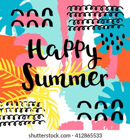 Happy summer hand drawing lettering vector art, calligraphy poster. Abstract  pattern in memphis retro design style with ink texture.