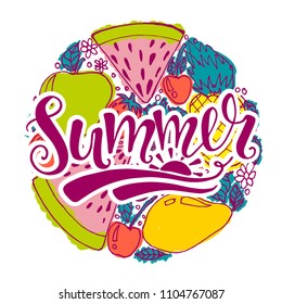 Happy summer - hand drawn composition with lettering. Modern calligraphy. Vector illustration on white background as poster, postcard, card, invitation template. Concept summer advertising.