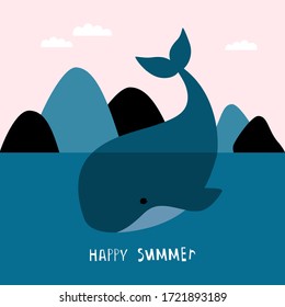 Feliz verano dibujado a mano con una huella creativa con ballena. Papel infantil para guardería, ropa para niños, afiche, postal. Ilustración vectorial