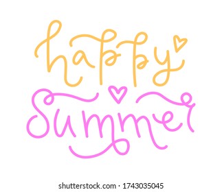 Happy summer handwritten vector lettering. Typographic inscription isolated on white background. Creative design for card, t-shirt, web banner, social media or print.