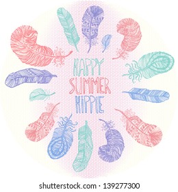 Happy. Summer. Hippie. Vector postcard, background or element your design.