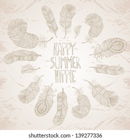 Happy. Summer. Hippie. Vector postcard, background or element your design. Old paper style.