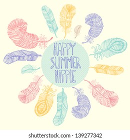 Happy. Summer. Hippie. Vector postcard, background or element your design.