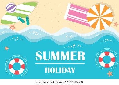Happy summer holiday background. Top view of the beautiful beach with waves. Vector illustration in flat design.