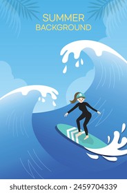 Happy Summer Holiday Background Vector Illustration (Surfy Beach, Surfer, Surfing)