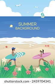 Feliz verano Festiva Ilustración vectorial de fondo (Surfy Beach, Surfer, Surfing)
