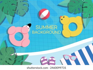 Happy Summer Holiday Background Vector Illustration (Ethereal, Serene, Luminous Ocean Veiw with beach items, pink flaming and Yellow Duck)