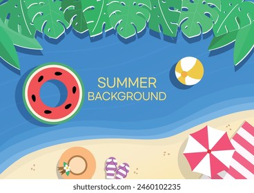 Happy Summer Holiday Background Vector Illustration (Ethereal, Serene, Luminous Ocean Veiw with beach items, water melon, parasol, flip flops, beach tower, beach ball)