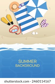 Happy Summer Holiday Background Vector Illustration (Ethereal, Serene, Luminous Ocean Veiw with beach items: parasol, beach towel, sunglasses, flip flops, shellfish ETC)