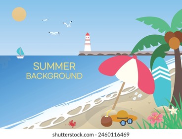 Happy Summer Holiday Background Vector Illustration (Ethereal, Serene, Luminous Ocean Veiw with lighthouse, parasol, surfing board, parm tree, coconut, sungrasses, hat, seagull)