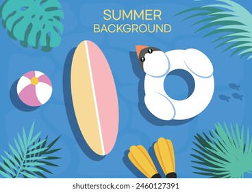 Happy Summer Holiday Background Vector Illustration (with tropical leaves and beach items)