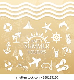 happy summer holiday, icons for summer on the beach