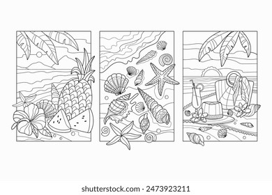 Happy summer holiday line art set. Seashells, fruits on the beach. Coloring page. Vector illustration. Coloring book page for adult. Hand drawn artwork. 