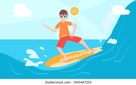 Happy summer, holiday. Man surfing in the sea, surfing on the sea.  Vector illustration for content  Activities at the sea, relaxation lifestyle, happiness, surfing, surfing, summer, vacation