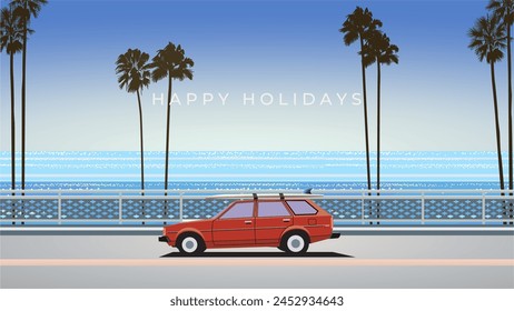 Happy summer holiday nature landscape illustration. Road trip vacation by car along the seaside. Happy Holiday Illustration vector in city pop style.