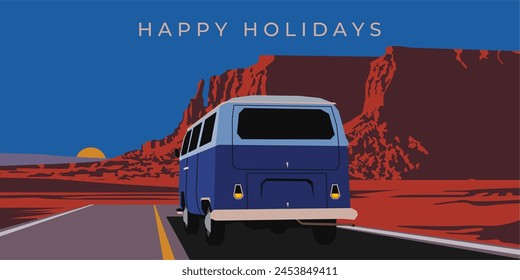 Happy summer holiday nature landscape illustration. Arizona sunset road trip. Happy Holiday Illustration vector in japanese city pop style.