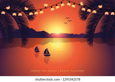 happy summer holiday postcard sunset paradise beach with fairy lights sailboat and palm tree vector illustration EPS10