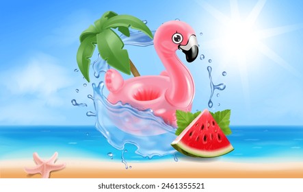 Happy Summer Holiday vacation Background Vector Illustration. Realistic beach, ocean, palm, inflatable flamingo and watermelon. Tropical paradise