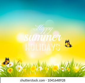 Happy summer holidays background with flowers, grass and butterflies. Vector
