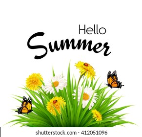 Happy summer holidays background with flowers and butterflies. Vector.