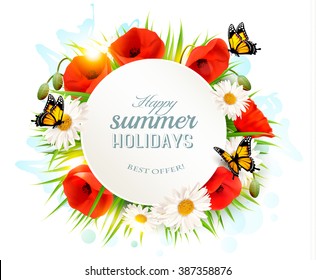 Happy summer holidays background with poppies, daisies and butterflies. Vector.